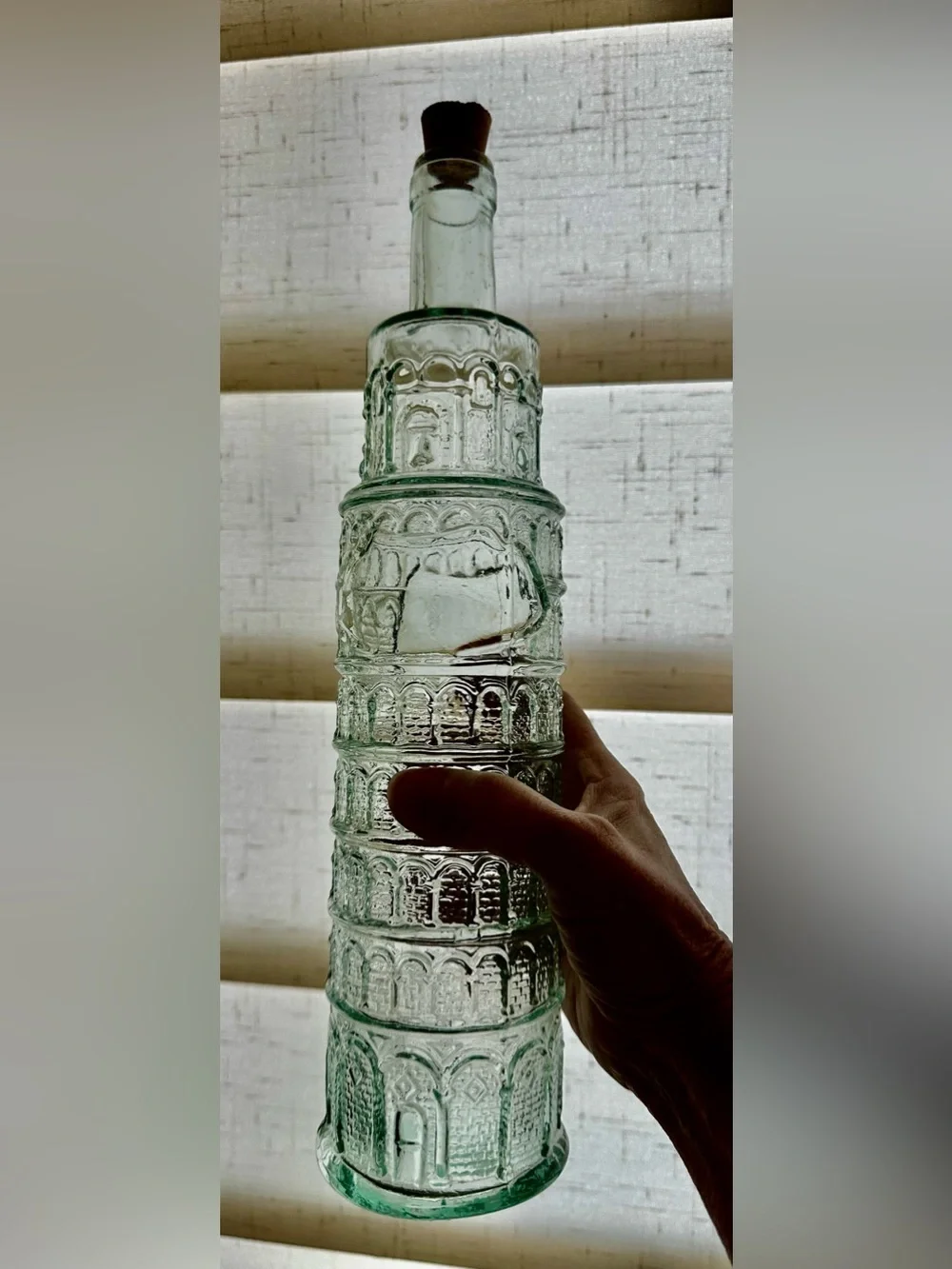 Vintage Green Glass bottle Leaning Tower of Pisa. Made in Italy. Cork included.